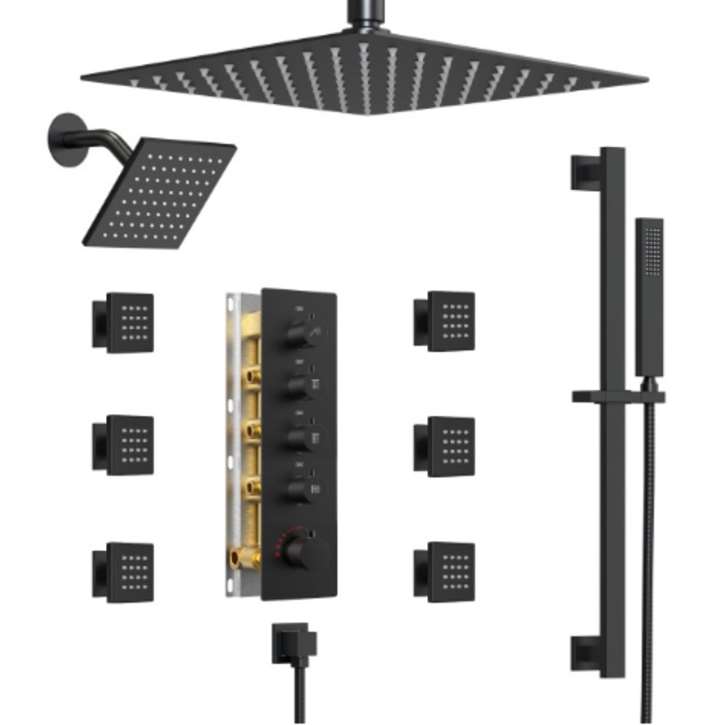 Fontana Highgate Thermostatic Dual Shower Heads 16"Inches In Matte Black With Rough-In Valve And Body Jets Shower System