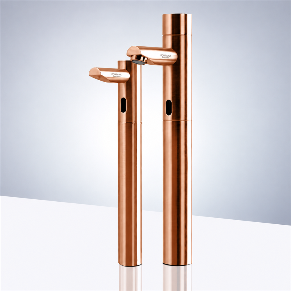 Fontana Tall Rose Gold Commercial Automatic Touch-Free Lavatory Bathroom Sink Sensor Faucet and Soap Dispenser