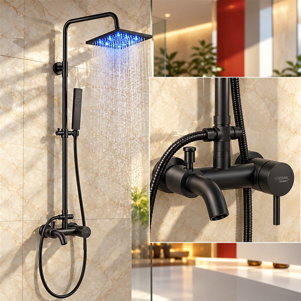 Renalto Single Handle LED Square Shower Head Wall Mount Shower Set Matte Black W/ Hand Shower