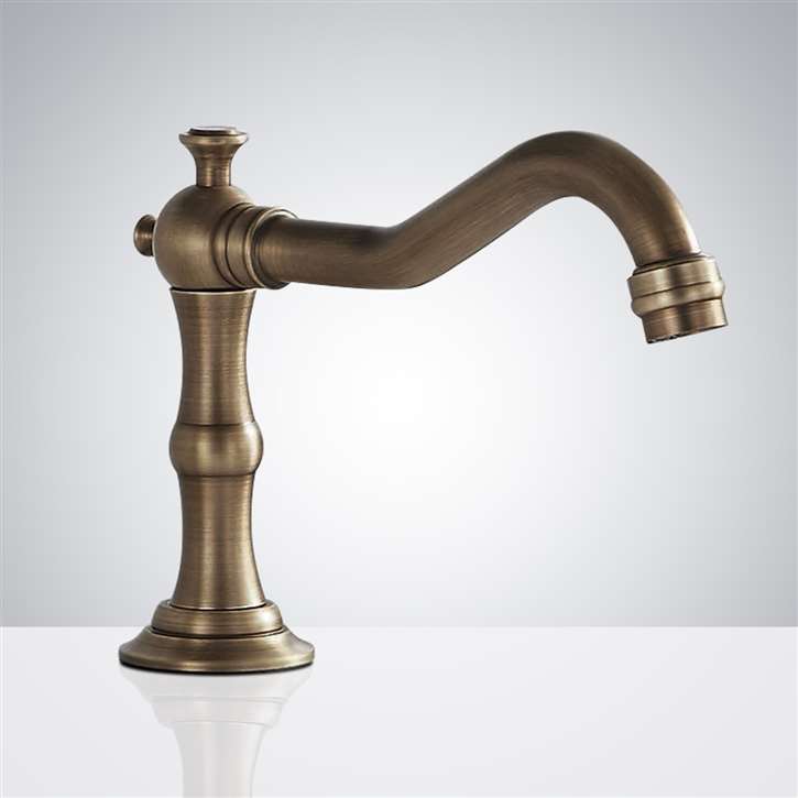 Fontana FS-354AQ-DP antique commercial automatic sensor faucet deck-mount rough-in and countertop installation layout showing faucet body, mounting hole, mounting hardware, sensor cable, flexible water hose, control box and basin alignment