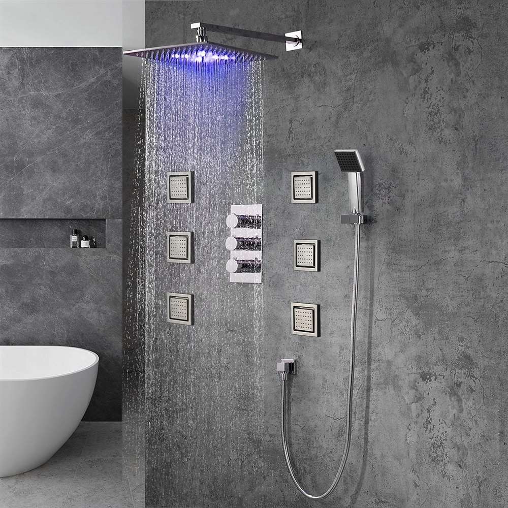 Jetted LED shower system with body sprays and handheld installation planning