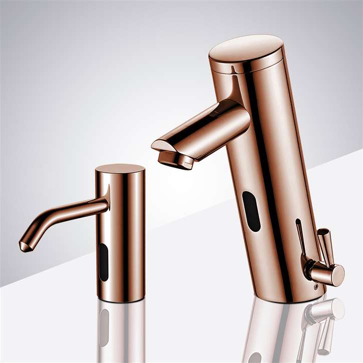 Commercial Rose Gold Automatic Temperature Control Thermostatic Sensor Tap and Matching Soap Dispenser, with Matching Soap Dispenser
