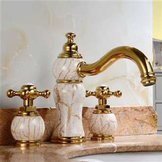 Leo Luxury Natural Jade Gold Finish Dual Handles Mixer Lowes Sink Faucet 