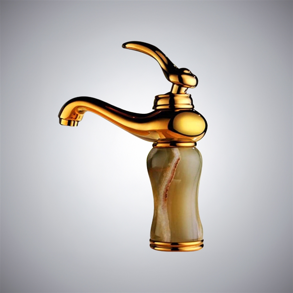Sicily Luxury Gold Plated Jade Bathroom Vessel Sink Faucet Single Handle Mixer