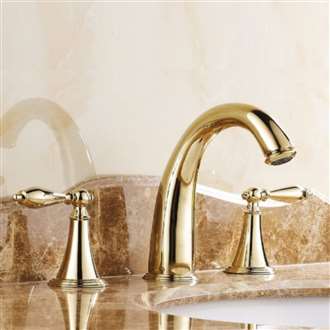 Mina Gold Finish Widespread 3 Holes Double Knobs Bath Commercial Sink Tap 