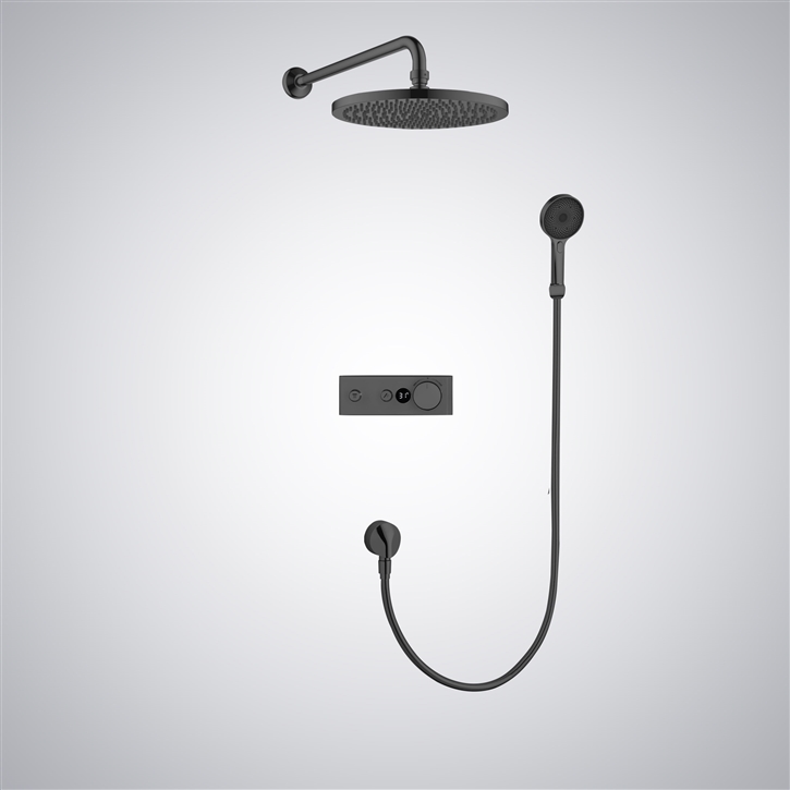 Fontana Rimini Matte Black Digital Mixer Wall Mounted Round Rainfall Shower System with Hand Shower