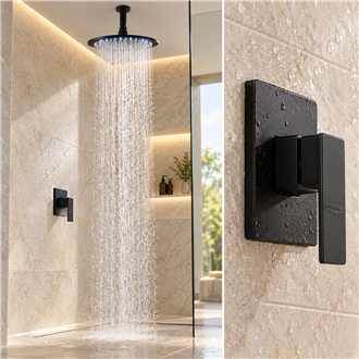 Round Matte Black 12 Inch Bathroom Rain Shower Faucet Set With LED Color