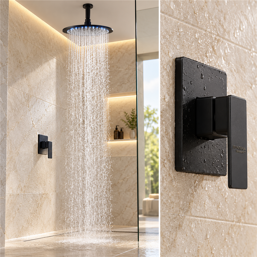 Round Matte Black 12 Inch Bathroom Rain Shower Faucet Set With LED Color
