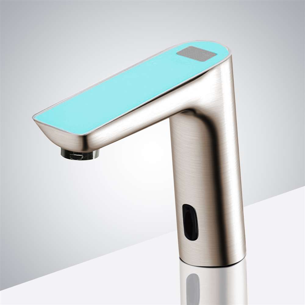 Fontana Romo Brushed Nickel Commercial Digital Display Automatic Motion Sensor Faucet With Sky Blue Top