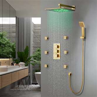 Fontana Brand vs Home Depot Versilia Brushed Gold Color Changing Led Shower Head with Adjustable Body Jets and Mixer