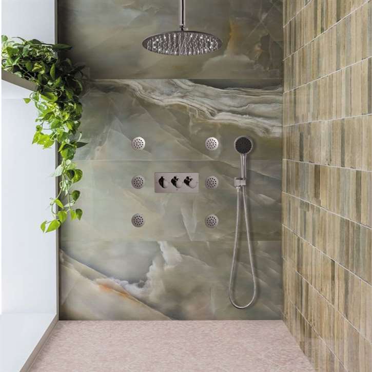 Gold shower-set installation and concealed plumbing coordination