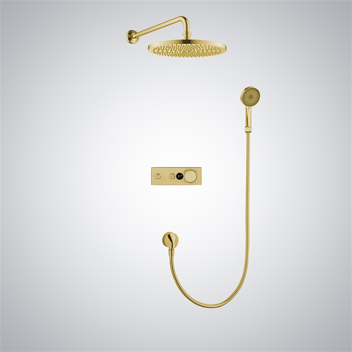 Fontana Rimini Brushed Gold Wall Mounted Round Rainfall Shower System with Digital Mixer and Hand Shower