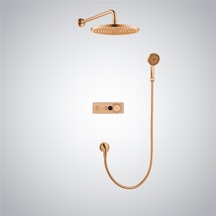 Fontana Rimini Rose Gold Digital Mixer Wall Mounted Round Rainfall Shower System with Hand Shower