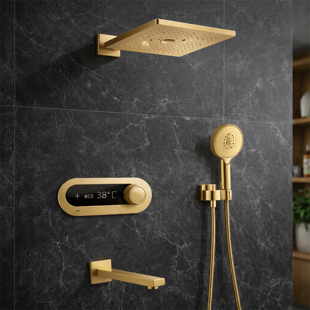 Fontana Cotteridge In Brushed Gold Finish Stainless Steel Thermostatic With Digital Display Copper Bathroom Mixer In Shower Set