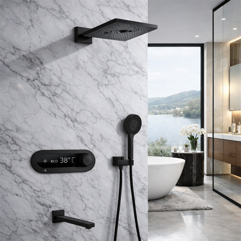 Fontana Cotteridge In Black Finish Stainless Steel Thermostatic With Digital Display Copper Bathroom Mixer In Shower Set