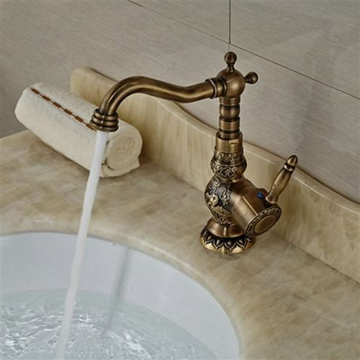Antique Brass Deck Mount Bathroom Faucet with Ceramic Handle