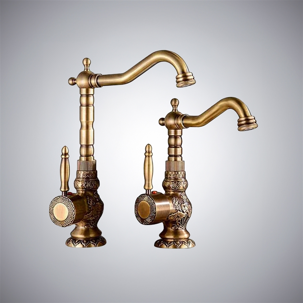 Fontana Milo Luxury Antique Bronze Copper Carving Deck Mount Bathroom Sink Faucet