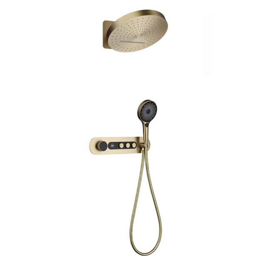 Fontana Brushed Gold Digital Shower Oasis With Temperature Display And Waterfall/Rainfall Combo