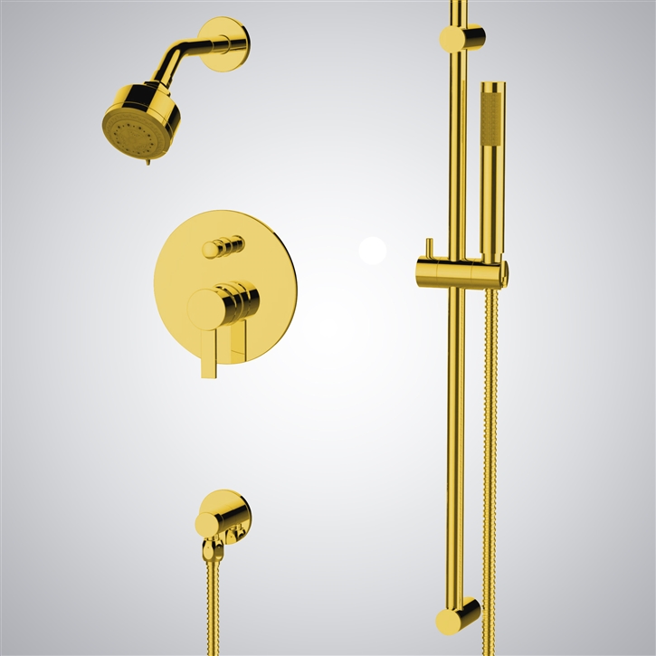 Fontana Polished Gold Wall-Mounted Shower Set Including a Handheld Shower And a Hot and Cold Mixer Valve