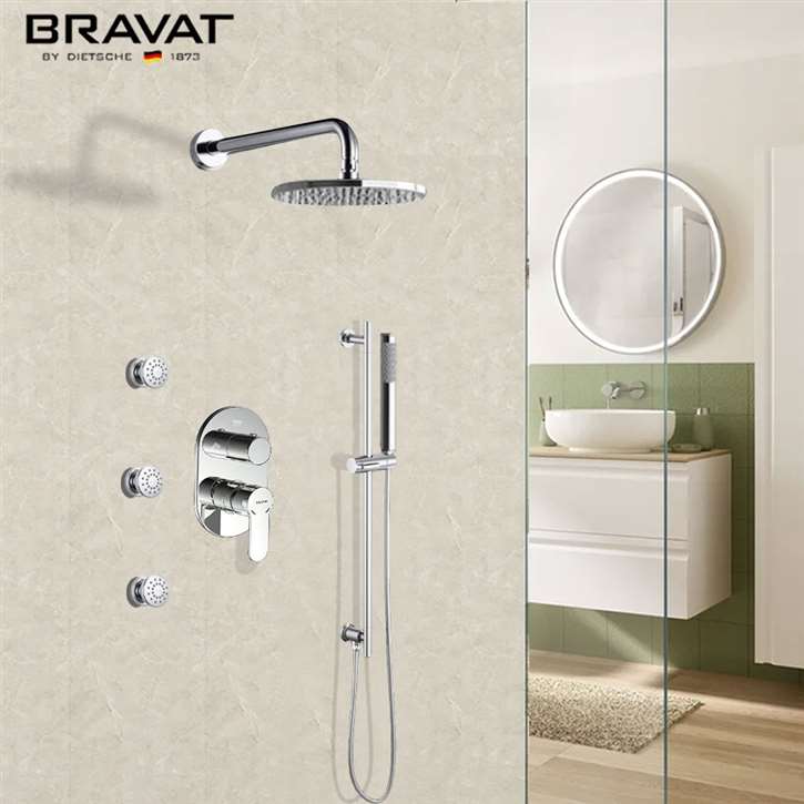 Bravat Chrome Round Sliding Arm Bar Wall-Mount Shower System Set with Three-body jets