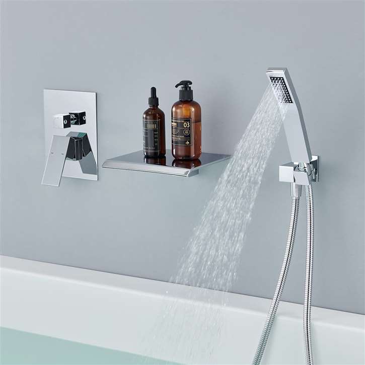 Fontana Square Dual Handle Brushed Nickle Finish Wall Mount Waterfall Brass Vessel Bathtub Faucet