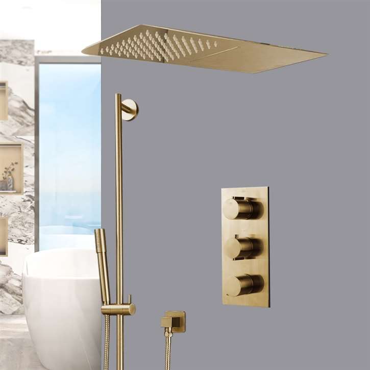 Installation of Brushed Gold Waterfall & Rainfall Shower Set With Handheld Shower with ceramic valve core