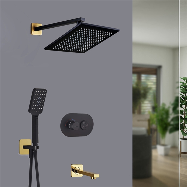 Fontana Orta Matte Black and Gold Rainfall Shower Set