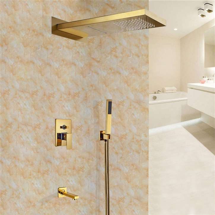 Fontana Milan Designer Gold Finish Wall Mount Shower Set with Handheld Shower Head and Tub Faucet