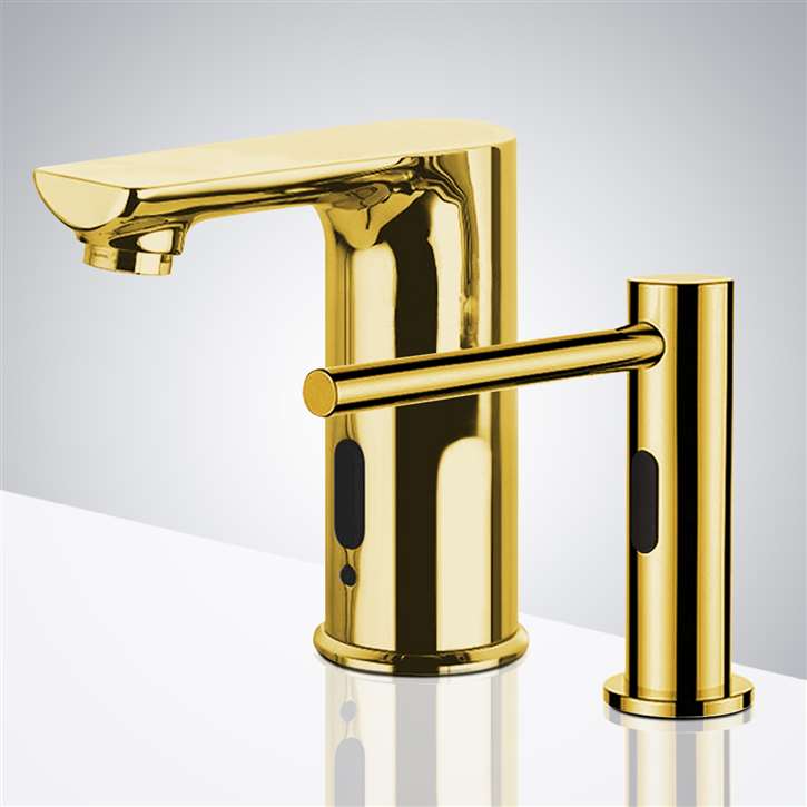 Fontana Gold Finish Commercial Automatic Sensor Faucet with Matching Commercial Liquid Soap Dispenser