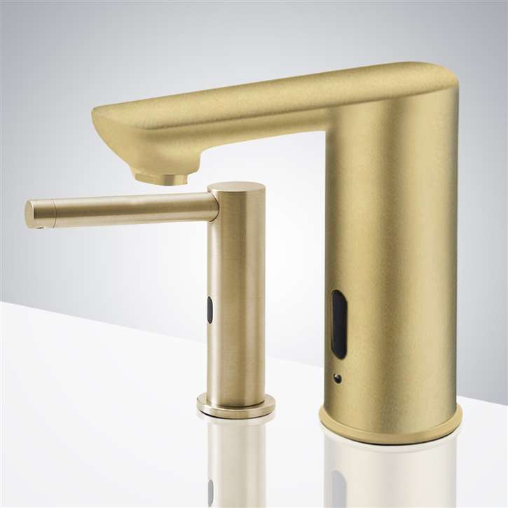 Fontana Brushed Gold Finish Commercial Automatic Sensor Faucet with Matching Commercial Liquid Soap Dispenser