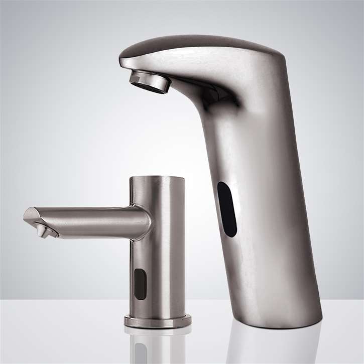 Fontana Touchless Basin Automatic Commercial Brushed Nickel Sensor Faucet with Matching Soap Dispenser for Restrooms