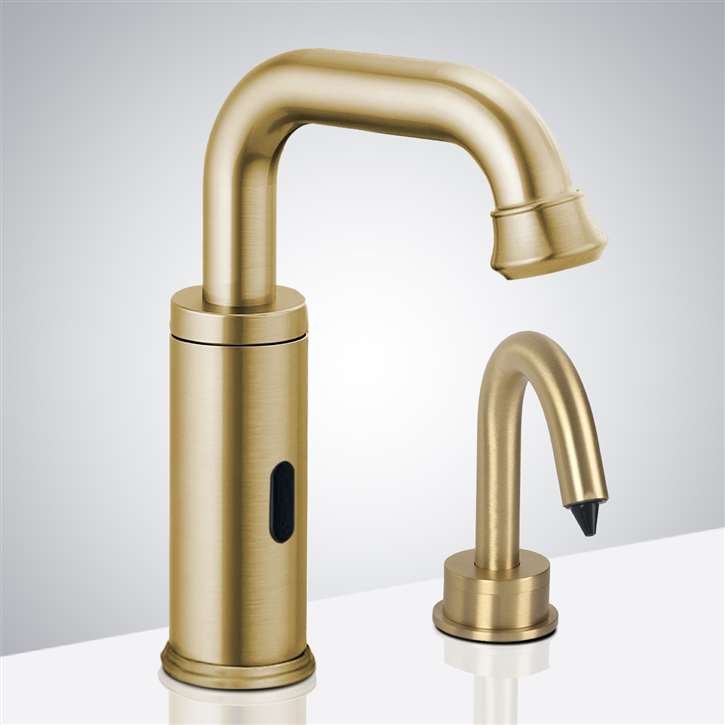 Fontana Commercial Brushed Gold Touchless Automatic Sensor Faucet with Matching Commercial Liquid Soap Dispenser