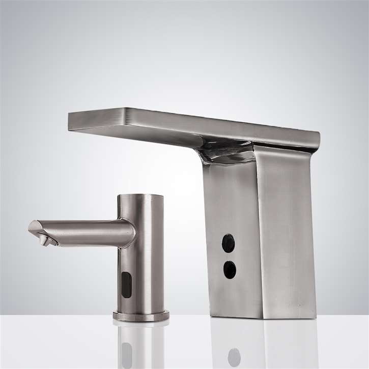 Fontana Commercial Brushed Nickel Automatic Sensor Faucet with Matching Soap Dispenser for Restrooms