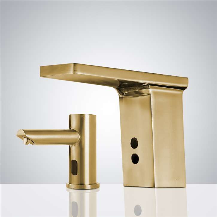 Fontana Commercial Brushed Gold Automatic Sensor Faucet with Matching Soap Dispenser for Restrooms