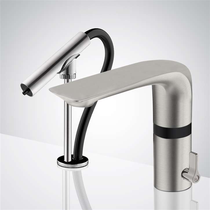 Fontana Brushed Nickel Rotatable Double Sensor Temperature Control Led Faucet with Matching Soap Dispenser for Restrooms