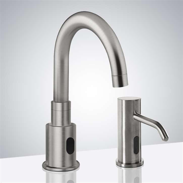 Fontana Leo Brushed Nickel Touchless Commercial Automatic Sensor Faucet with Matching Automatic Soap Dispenser for Restrooms