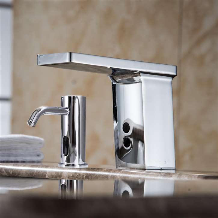 Fontana Chicago Commercial Chrome Deck Mount Touch Free Automatic Sensor Faucet with Automatic Sensor Soap Dispenser