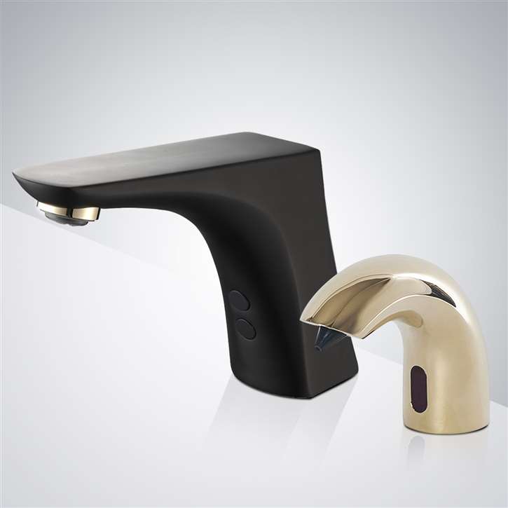 Fontana Commercial Automatic Infrared Black Gold Deck Mount Touch Free Sensor Faucet and Automatic Soap Dispenser