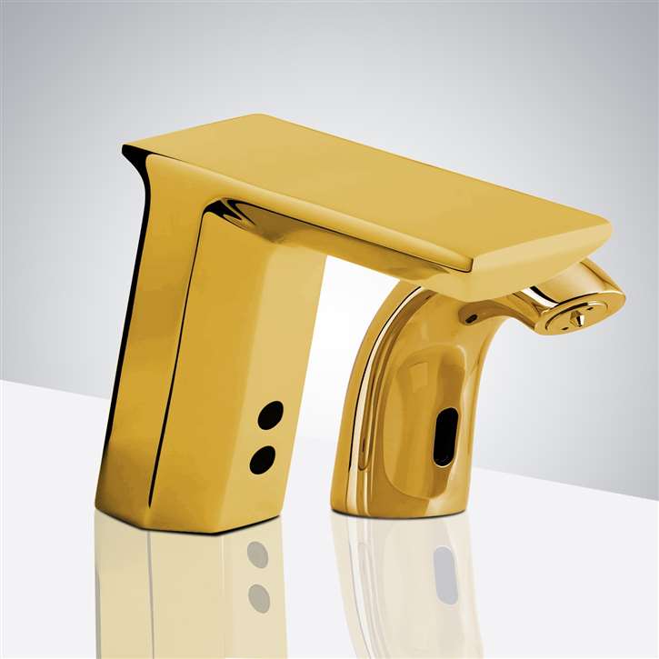 Fontana Commercial Motion Sensor Activated Automatic Faucet Brass Valve Gold Tone Finish with Deck Mount Automatic Soap Dispenser for Restrooms