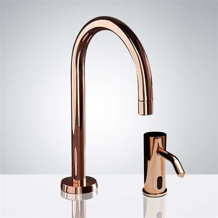 Fontana Livorno Commercial Rose Gold Stainless Steel Long Automatic Sensor Faucet with Deck Mount Automatic Soap Dispenser for Restrooms