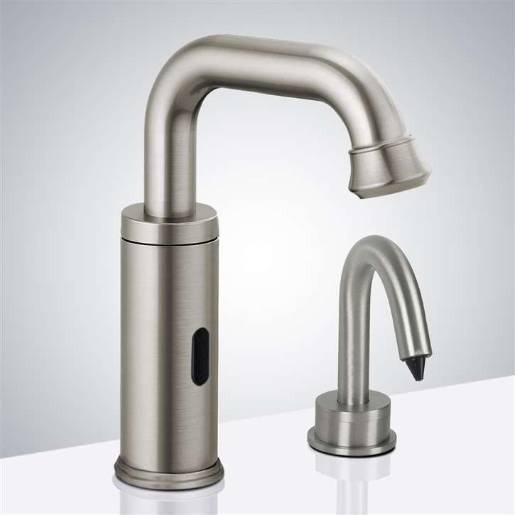 Fontana Commercial Brushed Nickel Touchless Automatic Sensor Faucet with Matching Automatic Sensor Soap Dispenserl