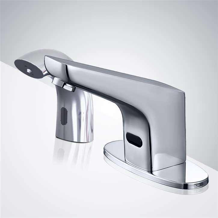 Fontana Atlanta Chrome Deck Mount Automatic Sensor Touchless Bathroom Faucet & Matching Automatic Soap Dispenser for Restrooms in Chrome