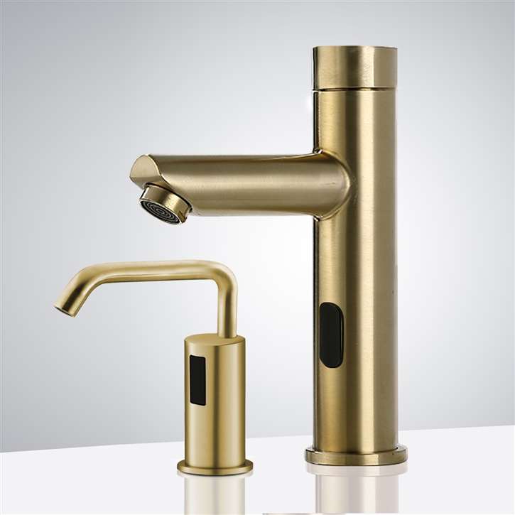 Fontana Solo Gold Tone Touchless Motion Activated Sink Faucet with Matching Deck Mount Automatic Soap Dispenser