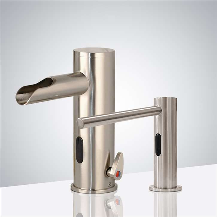 Fontana Cairo Touchless Electronic Automatic Commercial Sensor Faucet in Brushed Nickel with Matching Automatic Soap Dispenser for Restrooms