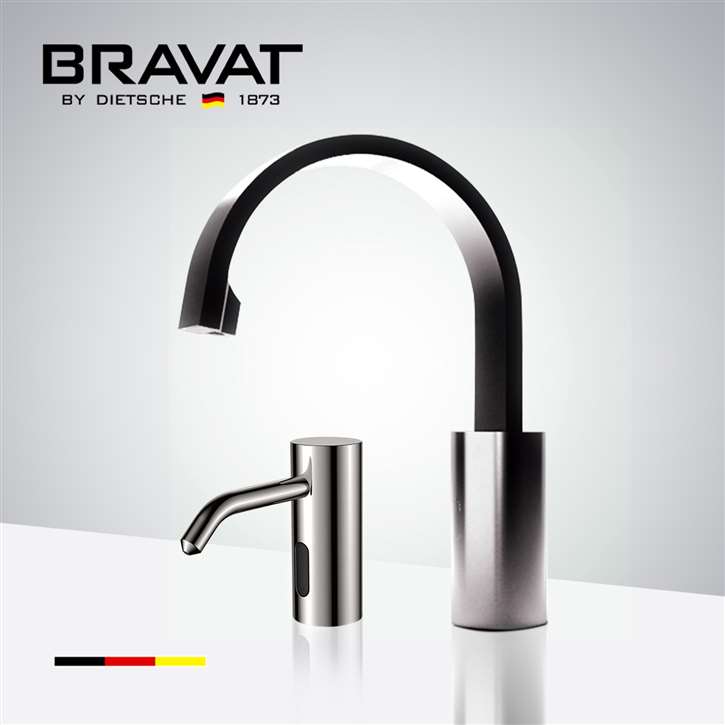 Bravat Brushed Nickel Commercial Touch Control Infrared Control Automatic Instant Hot Water Tap Electric Faucet with Automatic Soap Dispenser