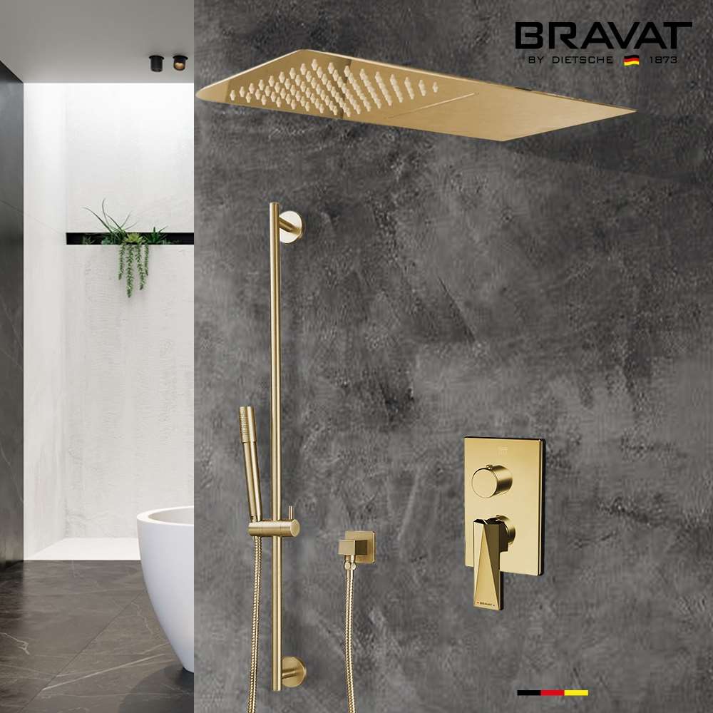 Bravat Thermostatic Brushed Gold Waterfall & Rainfall Shower Set