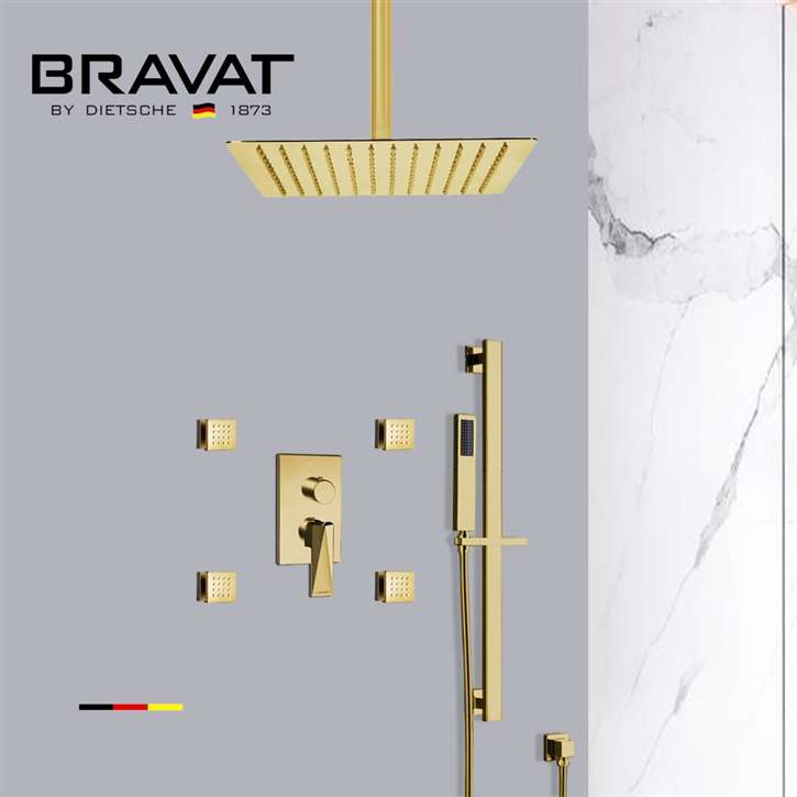 Bravat Brushed Gold Square Shower Set with 3-Way Concealed Valve Mixer â€“ Ceiling Mount