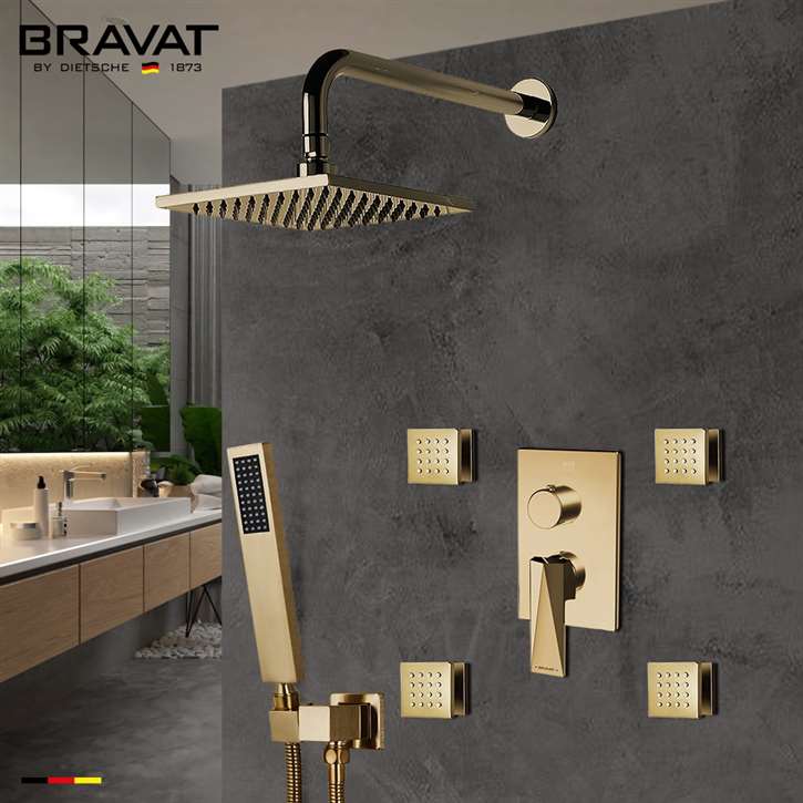 Bravat Brushed Gold Wall Mounted Square Shower Set with 3-Way Concealed Valve Mixer, Stylish and Modern Design for Luxurious Shower Experience