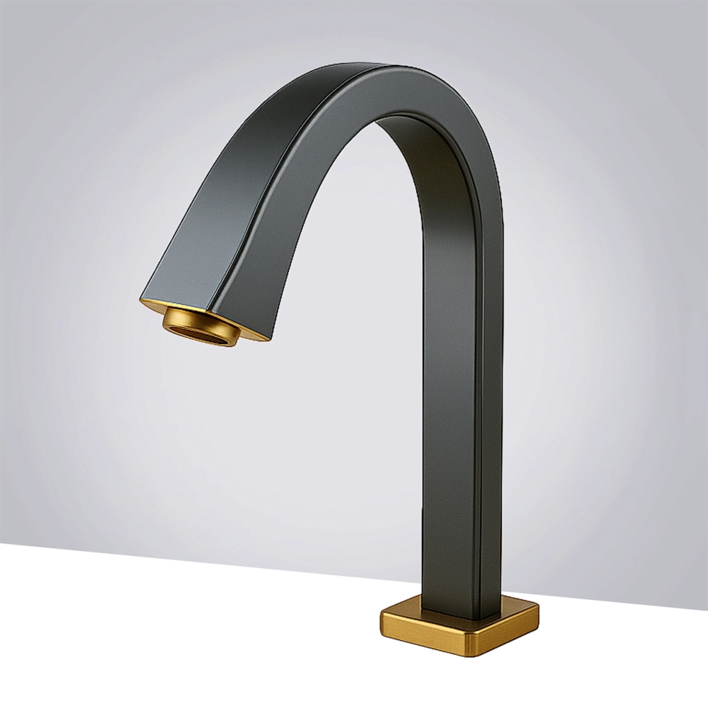 Commercial touchless faucet in graphite black finish with gold accents — sensor-activated deck-mount (FS10581GB)