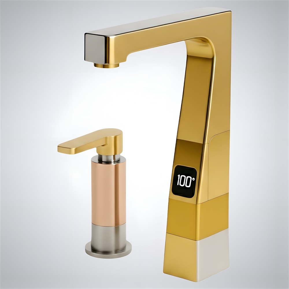 Commercial touchless faucet with matching manual soap dispenser in metallic finish — deck-mount set (FS10589MM)